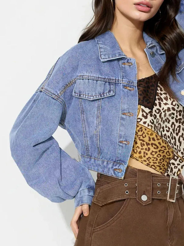 Collared Neck Dropped Shoulder Cropped Denim Top - ShopEasier