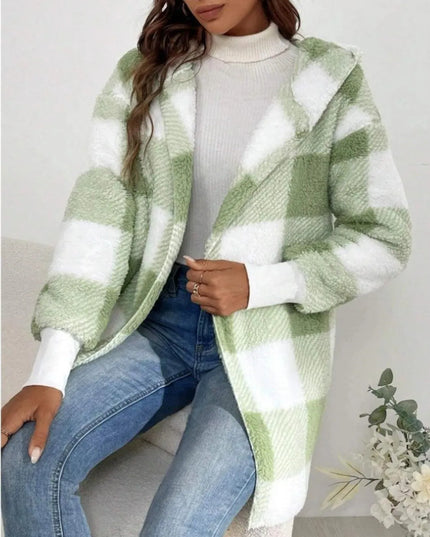 Plaid Long Sleeve Hooded Coat - ShopEasier