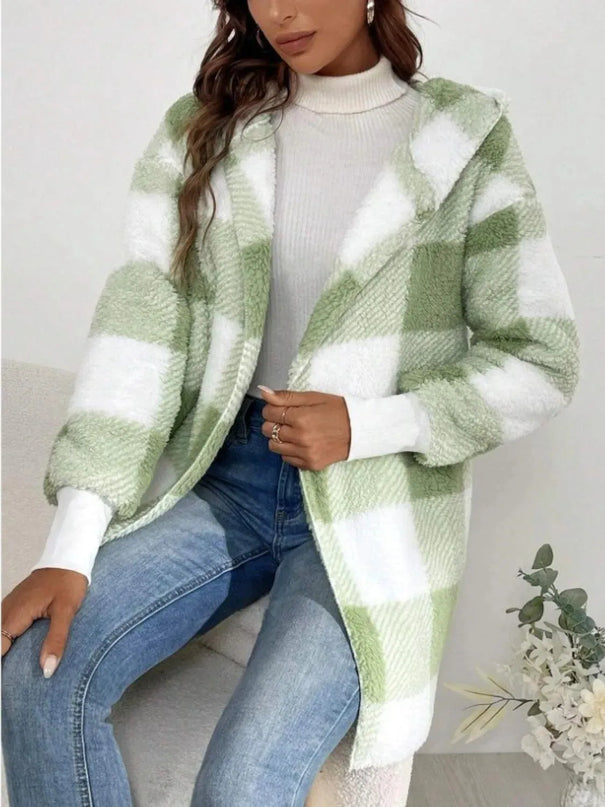 Plaid Long Sleeve Hooded Coat - ShopEasier