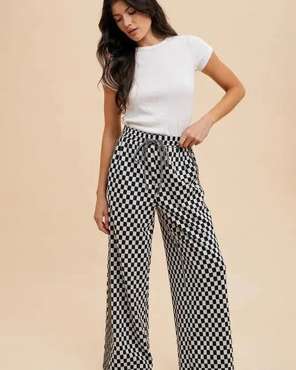 Annie Wear Drawstring Checkered Wide Leg Pants