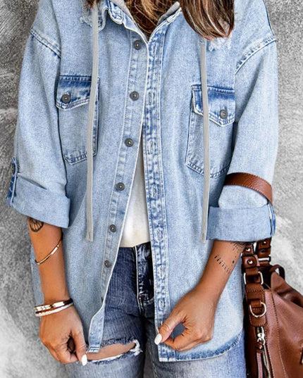 Distressed Button Up Hooded Denim Jacket with Pockets - ShopEasier