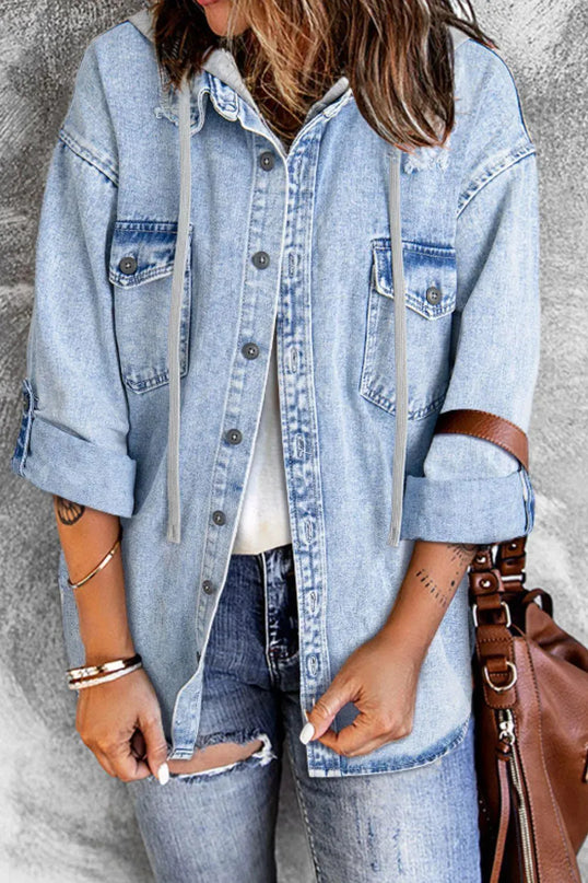 Distressed Button Up Hooded Denim Jacket with Pockets - ShopEasier