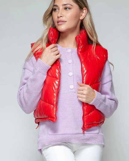 Chic Shiny Quilted Turtleneck Vest with Zip Closure