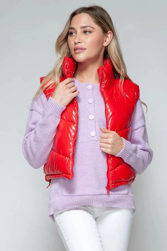 Chic Shiny Quilted Turtleneck Vest with Zip Closure