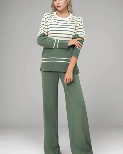 Basic Bae Striped Round Neck Long Sleeve Top and Pants Sweater Set