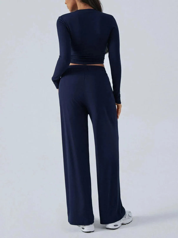 Chic Tied Long Sleeve Top and Pants Set with Pockets