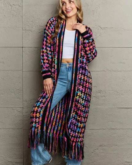 Angel Wings Full Size Multicolored Open Front Fringe Hem Cardigan - ShopEasier