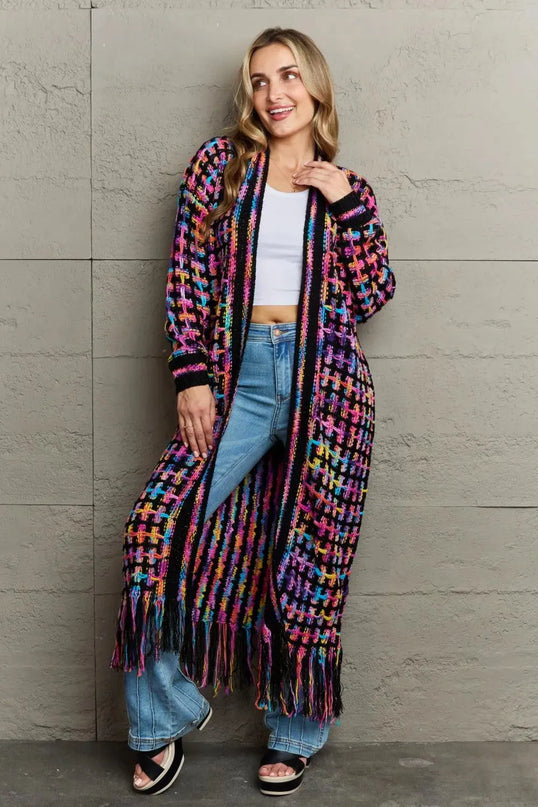 Angel Wings Full Size Multicolored Open Front Fringe Hem Cardigan - ShopEasier