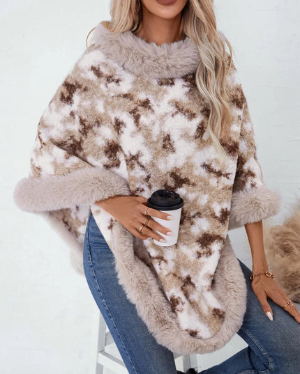 Furry Contrast Three-Quarter Poncho - ShopEasier