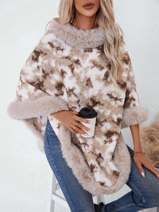 Furry Contrast Three-Quarter Poncho - ShopEasier