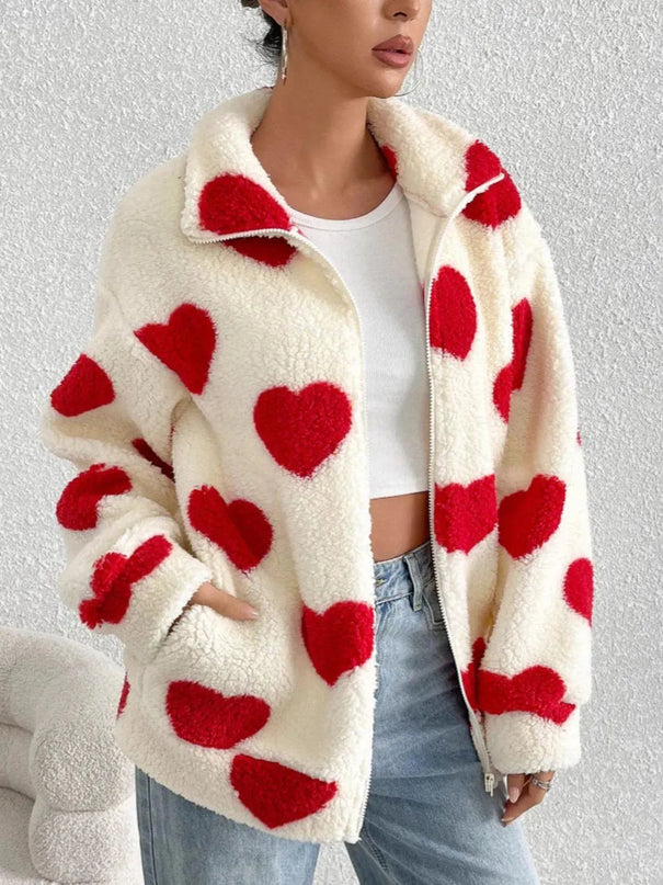 Heart Zip Up Drop Shoulder Furry Jacket - ShopEasier