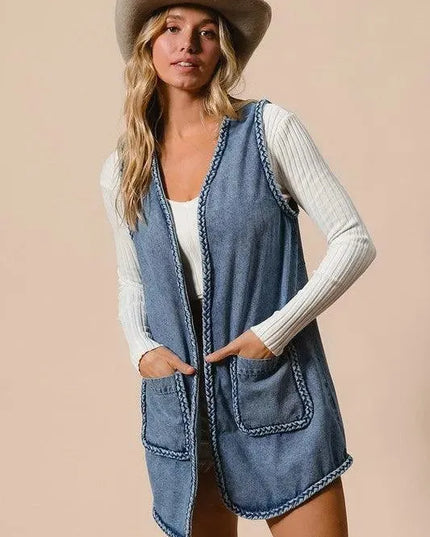 BiBi Braided Trim Open Front Denim Vest with Pockets - ShopEasier