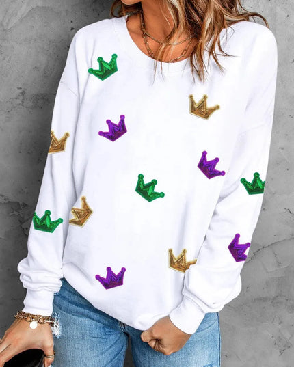 Crown Sequin Round Neck Sweatshirt