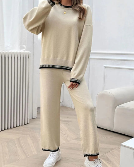 Chic Dropped Shoulder Sweater Set with Round Neck Top and Pants