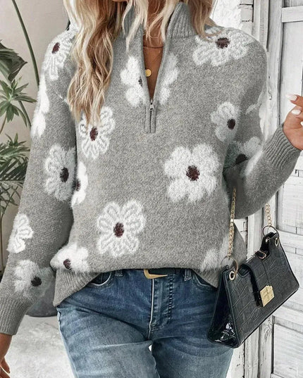 Flower Half Zip Long Sleeve Sweater - ShopEasier