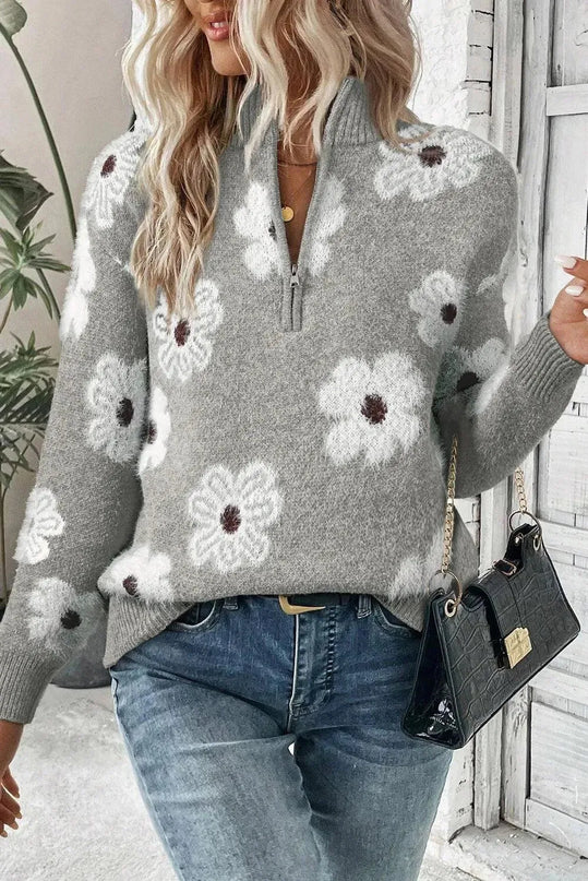 Flower Half Zip Long Sleeve Sweater - ShopEasier