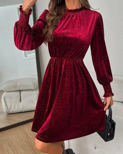 Glitter Mock Neck Long Sleeve Mini Dress - ShopEasier