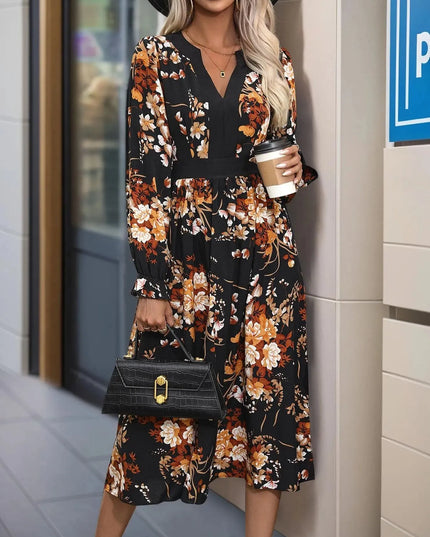 Perfee Printed Notched Long Sleeve Midi Dress - ShopEasier