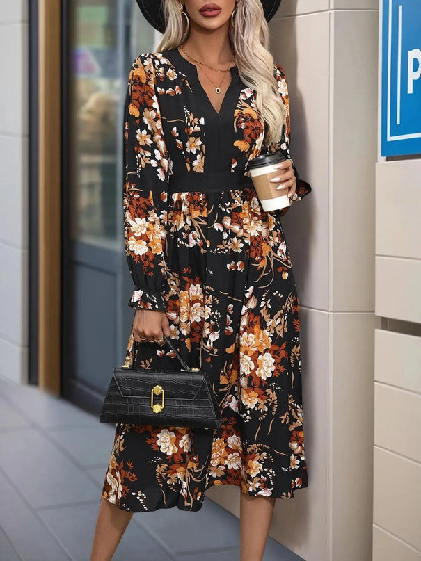 Perfee Printed Notched Long Sleeve Midi Dress - ShopEasier