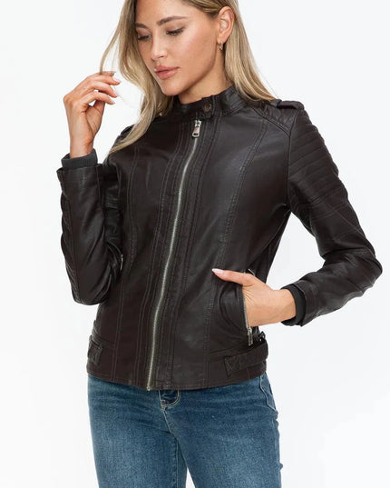 Snobbish PU Leather Biker Jacket with Side Zip Pockets - ShopEasier