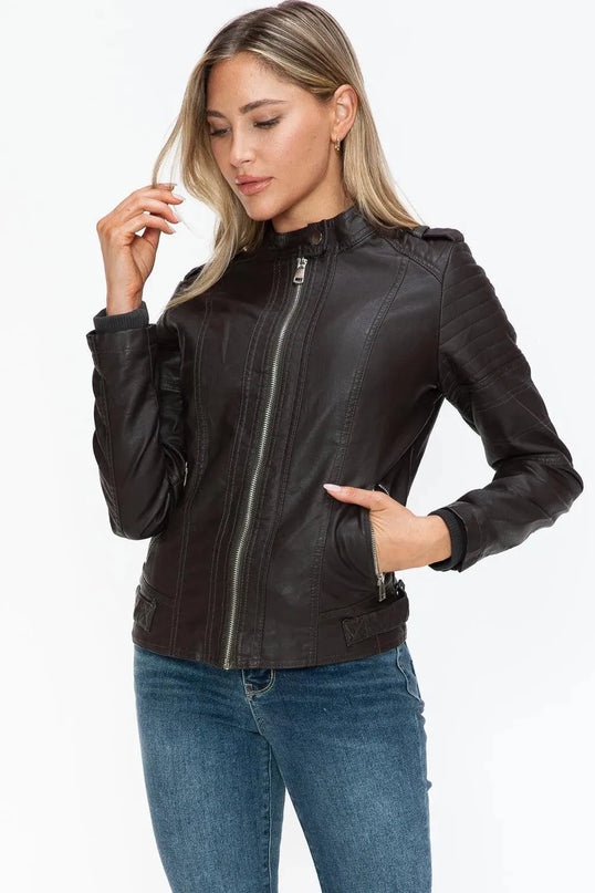 Snobbish PU Leather Biker Jacket with Side Zip Pockets - ShopEasier