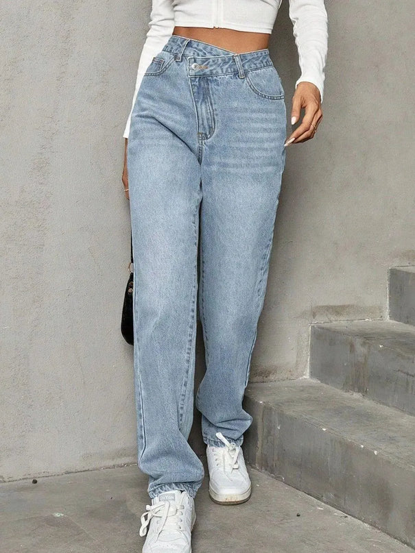 Asymmetric Waist Jeans with Pockets - ShopEasier