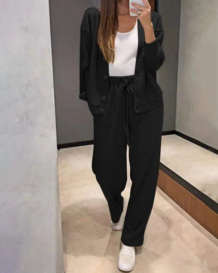 Chic Full-Length Button-Up Shirt and Trouser Ensemble