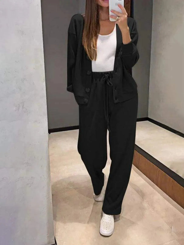 Chic Full-Length Button-Up Shirt and Trouser Ensemble