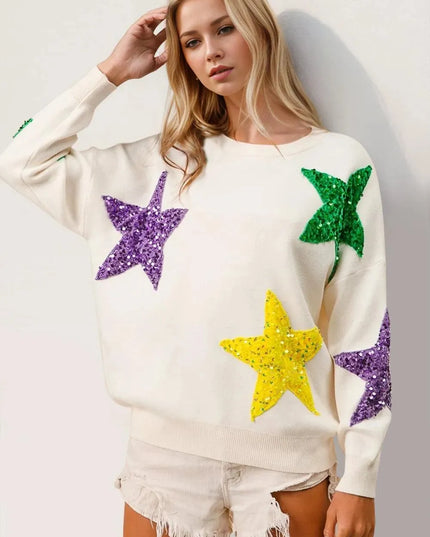 Double Take Sequin Star Round Neck Dropped Shoulder Sweater - ShopEasier