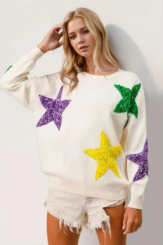 Double Take Sequin Star Round Neck Dropped Shoulder Sweater - ShopEasier