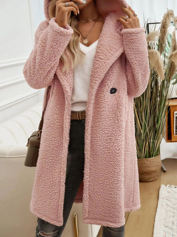 Cozy Button-Up Teddy Coat with Pockets and Hood