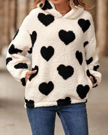 Fuzzy Heart Pocketed Dropped Shoulder Hoodie - ShopEasier