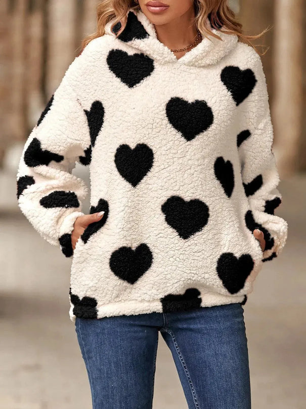 Fuzzy Heart Pocketed Dropped Shoulder Hoodie - ShopEasier