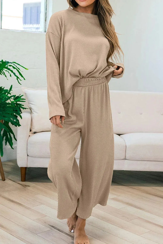 Casual Round Neck Top and Pants Ensemble