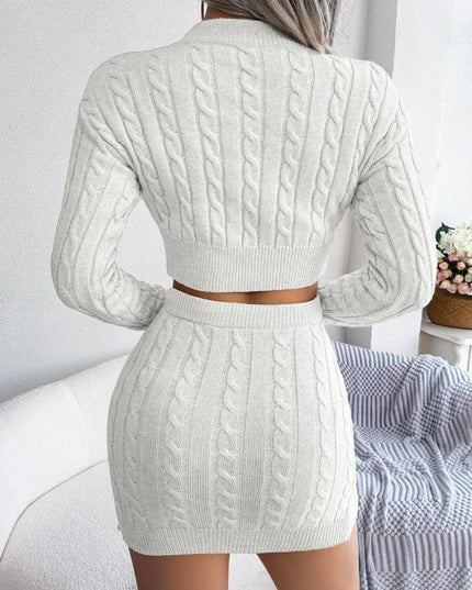 Cable-Knit Sweater Dress Set with Round Neck Top and Skirt