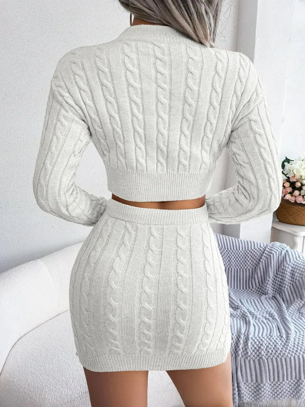 Cable-Knit Sweater Dress Set with Round Neck Top and Skirt