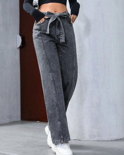 Tied Straight Leg Jeans with Pockets - ShopEasier