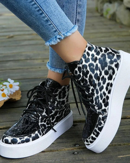 PU Leather Leopard Platform Sneakers - ShopEasier