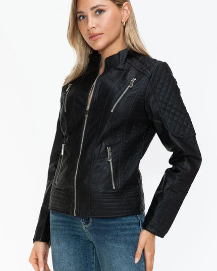 Snobbish Faux Leather Zip Up Mock Neck Jacket - ShopEasier