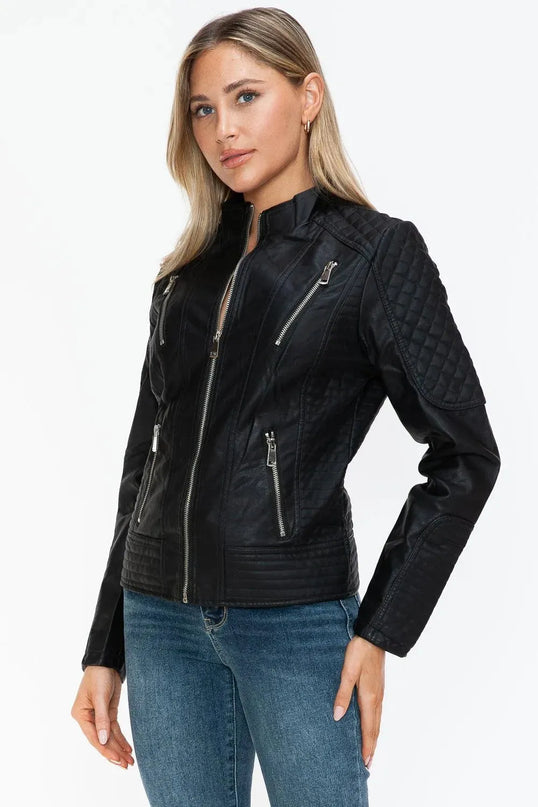 Snobbish Faux Leather Zip Up Mock Neck Jacket - ShopEasier