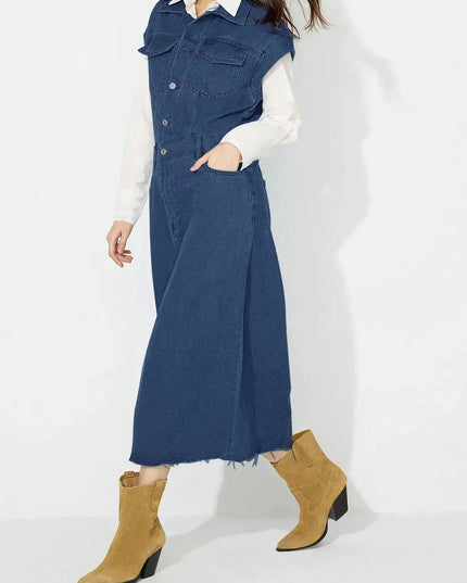 Slit Half Button Collared Neck Cap Sleeve Denim Dress - ShopEasier