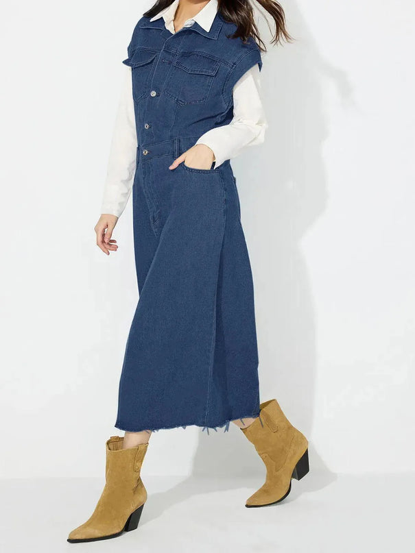 Slit Half Button Collared Neck Cap Sleeve Denim Dress - ShopEasier