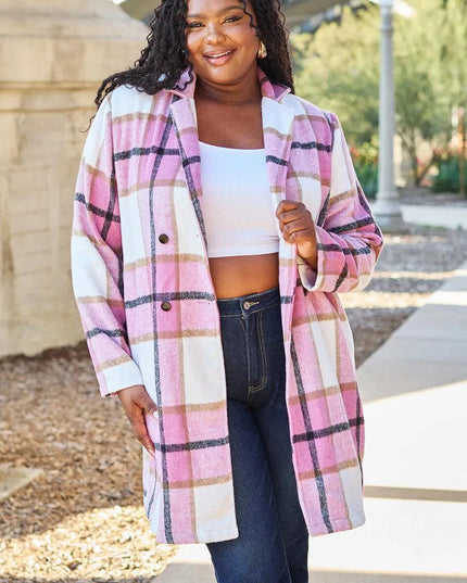 Plaid Button-Up Lapel Coat with Pockets - Full Size Double Take Design