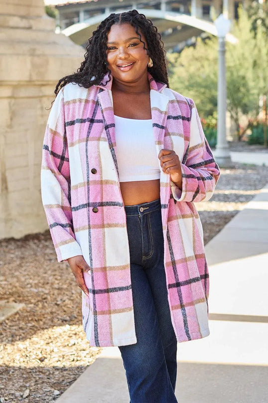 Plaid Button-Up Lapel Coat with Pockets - Full Size Double Take Design