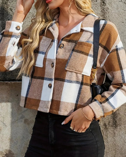 Plaid Cropped Jacket with Collared Neckline