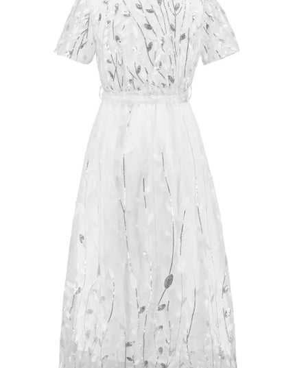 Sequin Leaf Embroidery Tie Front Short Sleeve Dress