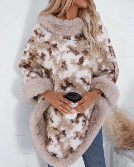 Furry Contrast Three-Quarter Poncho - ShopEasier