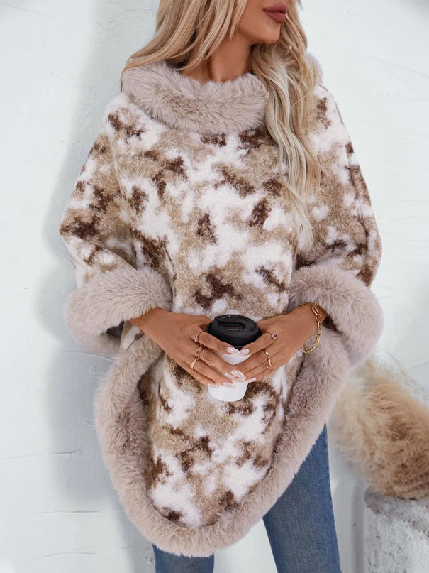 Furry Contrast Three-Quarter Poncho - ShopEasier