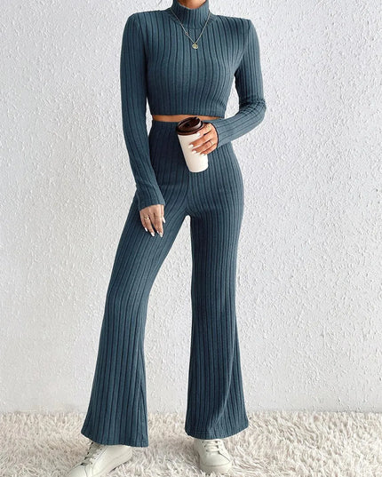 Honey Ribbed Mock Neck Cropped Sweater & High Waist Pants Set - ShopEasier