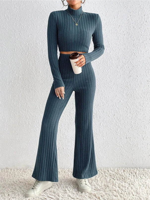 Honey Ribbed Mock Neck Cropped Sweater & High Waist Pants Set - ShopEasier